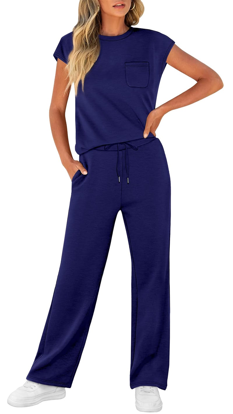 WIHOLL Lounge Sets for Women 2 Piece Summer Vacation Outfits 2026 Business Casual Womens Loungewear Sets Cap Sleeve Pjs Going Out Outfits Wide Leg Pants Matching Sets Women Clothing Navy Blue L - Image 3