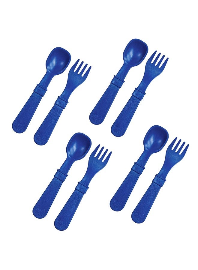 ري بلاي شوك وملاعق للأطفال الصغار من Re-Play، مصنوعة في الولايات المتحدة الأمريكية، عبوة من 8 قطع بدون حقيبة حمل - 4 شوك للأطفال برؤوس مستديرة و4 ملاعق عميقة للأطفال الصغار - أدوات طعام للأطفال الصغار بسمك 0.2 بوصة، أزرق داكن - Image 1