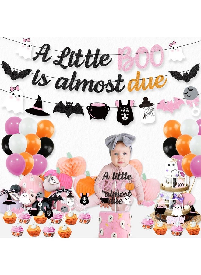 K KUMEED - Pink Orange Halloween Baby Shower Decorations, A Little Boo Is Almost Due Banner,Cute Ghost Baby'S Bottle Cake Topper And Latex Balloons For Girls Little Boo Baby Shower Party Supplies - Image 1