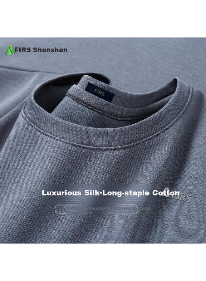 Firs Men'S Long Sleeve T-Shirt With Mulberry Silk Spring And Autumn Round Neck Pure White Cotton Base Shirt Men'S Top - Image 1