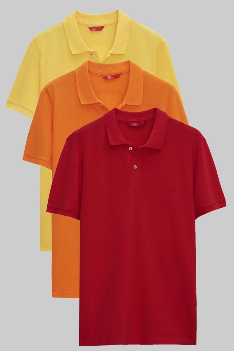 D'S DAMAT Regular Fit Light Yellow/orange/red Pique Textured 100% Cotton Polo Neck T-shirt 6HC14ORTBN510 - Image 1