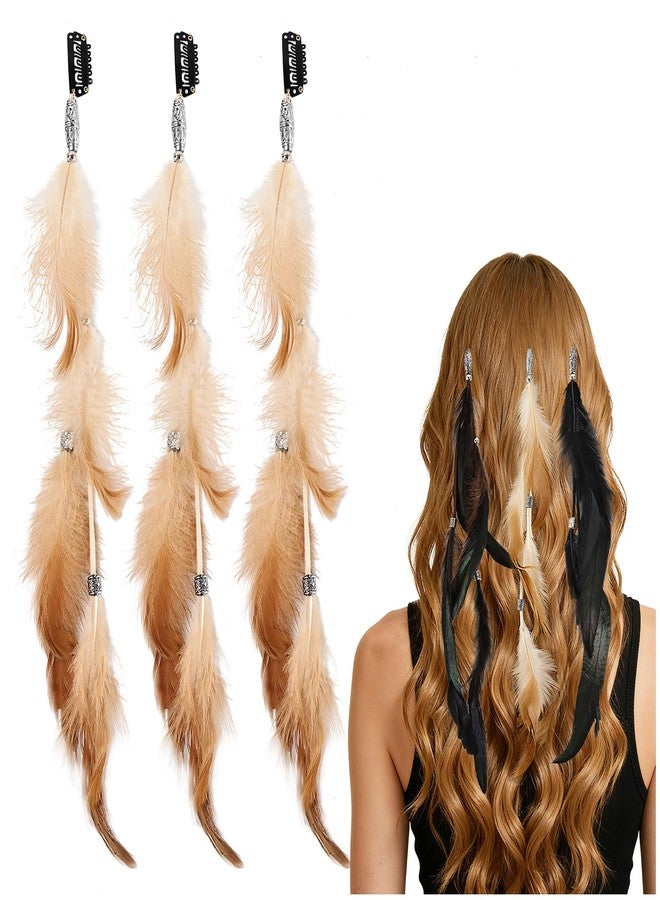 FeelfunFeather Feathers Hair Extensions for Women Boho Clip-in Hair Feather Accessories for Mardi Gras Performances Photo Shoots Carnival Party Headdress Accessory, Brown(3 Pcs) - Image 1
