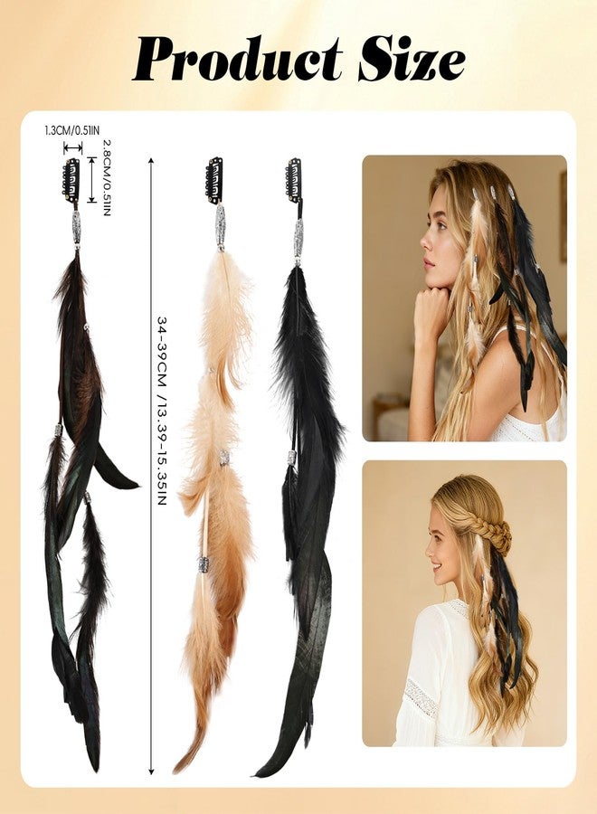 FeelfunFeather Feathers Hair Extensions for Women Boho Clip-in Hair Feather Accessories for Mardi Gras Performances Photo Shoots Carnival Party Headdress Accessory, Brown(3 Pcs) - Image 3