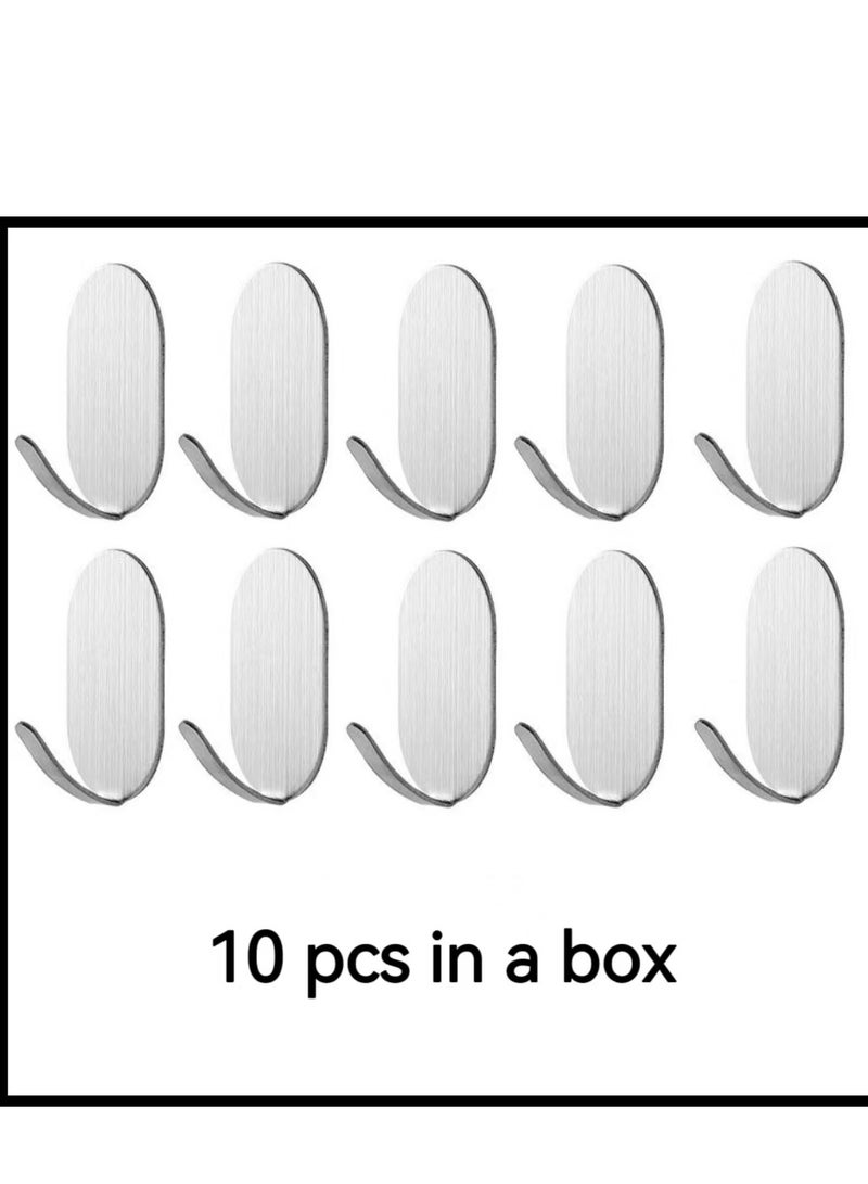 Self Adhesive Hooks Silver, 10 Pack Sticky Hooks Extra Strong for Kitchen, Bathroom, Sink - Waterproof Carbon Steel Stick Hanger on Towel Hooks  - Image 1