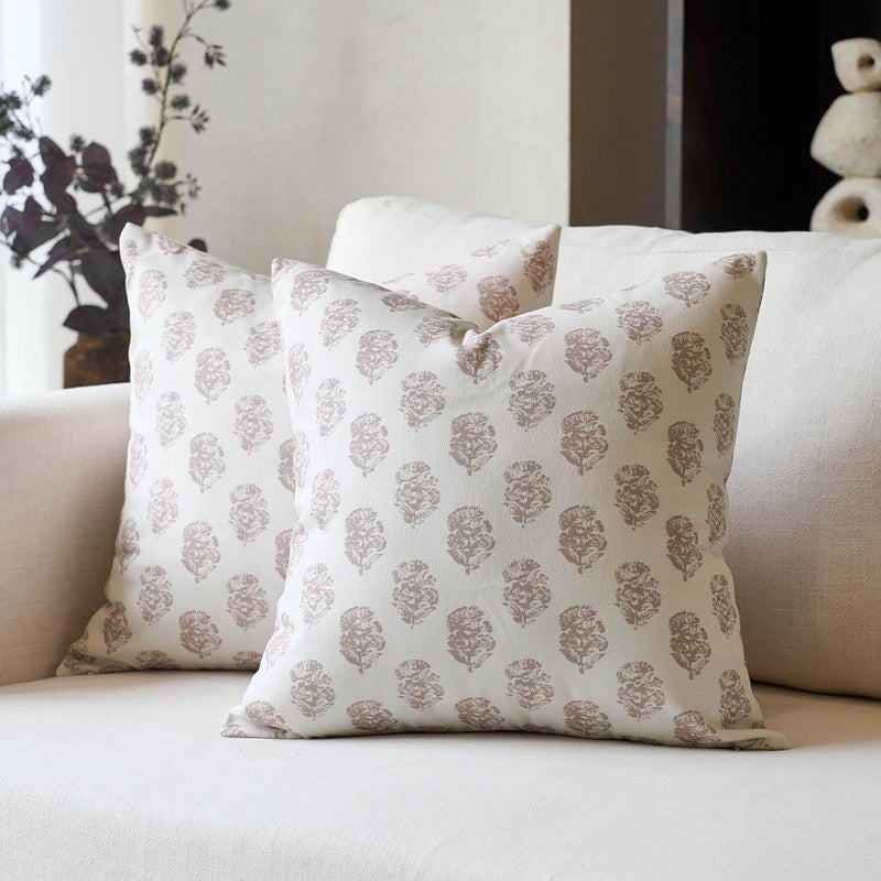 DOMVITUS Set of 2 Floral Pillow Covers 18x18 Block Print Pillow Covers Vintage Neutral Decorative Farmhouse Throw Pillow Covers for Couch Bed Living Room Light Camel
