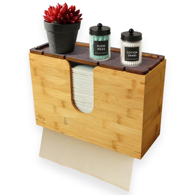 eBun Bamboo Paper Towel Holder for Multifold Cfold Trifold Zfold Towels  Wall Mount or Countertop Paper Hand Dispenser with Removable Lid Tray Modern Rustic Design for Kitchen Bathroom  Office