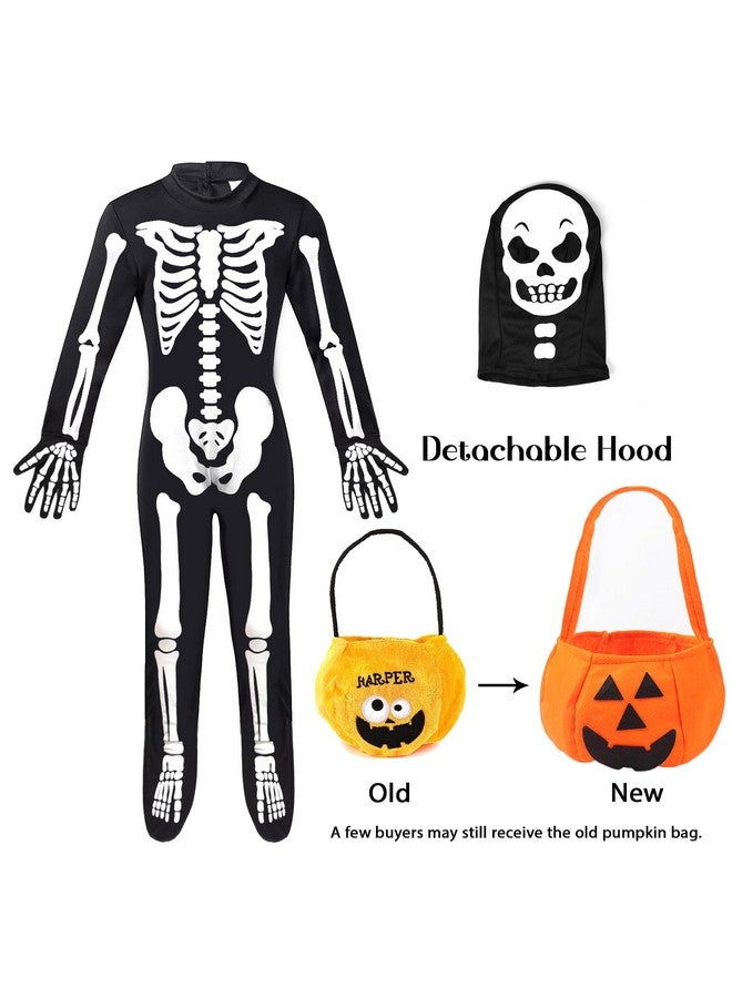 FAYBOX FAYBOX Skeleton Costume Glow in The Dark for Kids Toddler, Halloween Fortnite Onesie for Boy Girls with Pumpkin Candy Bag(5-7)  - Image 4
