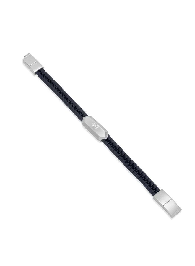 Ducati Leggenda Silver Stainless Steel Blue Braided Leather Bracelet for Men 180mm