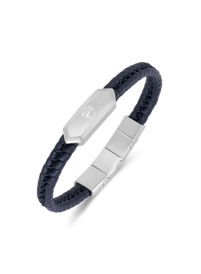 Ducati Leggenda Silver Stainless Steel Blue Braided Leather Bracelet for Men 180mm - Image 1
