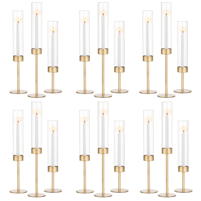Romadedi Glass Hurricane Candlestick Holders Gold - Romadedi 18 PCS Taper Candle Holder Bulk Tall Clear Glass Cylinder Table Centerpiece Wedding Decor Party Birthday Christmas Home Decorations - Image 1