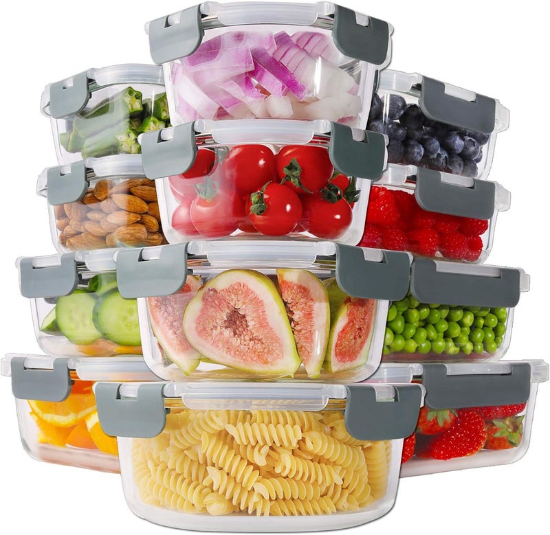 HOMBERKING 24pc Borosilicate Glass Food Storage Containers with Lids, Glass Meal Prep Containers with Leak Proof Snap Lock Lids, Airtight Bento Lunch Boxes, Kitchen Storage (12 lids & 12 Containers) - Image 1