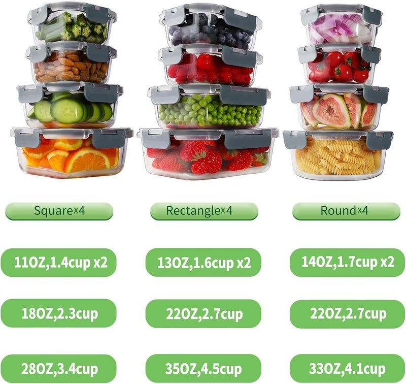 HOMBERKING 24pc Borosilicate Glass Food Storage Containers with Lids, Glass Meal Prep Containers with Leak Proof Snap Lock Lids, Airtight Bento Lunch Boxes, Kitchen Storage (12 lids & 12 Containers) - Image 2