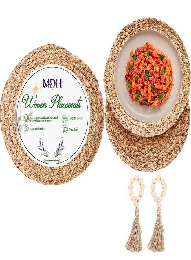 MDH Handmade Woven Platemats w/Napkin Ring Natural Water Hyacinth Woven Combination Table Rattan Platemats Farmhouse Style Placemats for Party Dining Table Kitchen (2, 14.2 inches) - Image 1