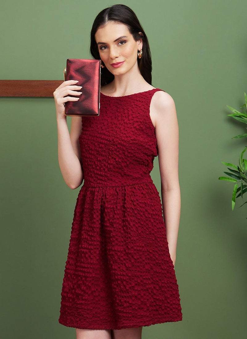 Globus Women Red Self Design Fit And Flare Party Dress - Image 1