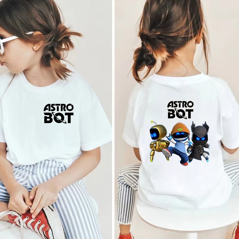 تي شيرت أبيض للأطفال صغير ومتوسط بكم قصير بتصميم كرتوني لروبوت الفضاء أسترو بوت - Image 1