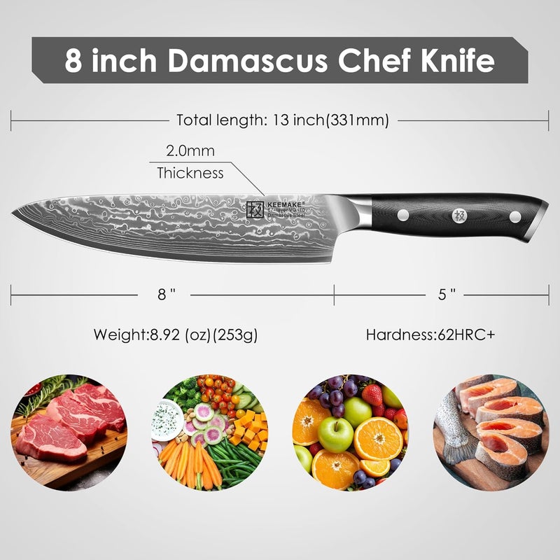 KEEMAKE Damascus Chef Knife, 8 Inch Kitchen Knife, 67 Layers Damascus Knife Professional Kitchen Knives with Japanese VG10 Core, Sharp Chefs Knives with Ergonomic G10 Handle - Image 2