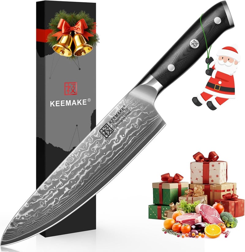 KEEMAKE Damascus Chef Knife, 8 Inch Kitchen Knife, 67 Layers Damascus Knife Professional Kitchen Knives with Japanese VG10 Core, Sharp Chefs Knives with Ergonomic G10 Handle - Image 1