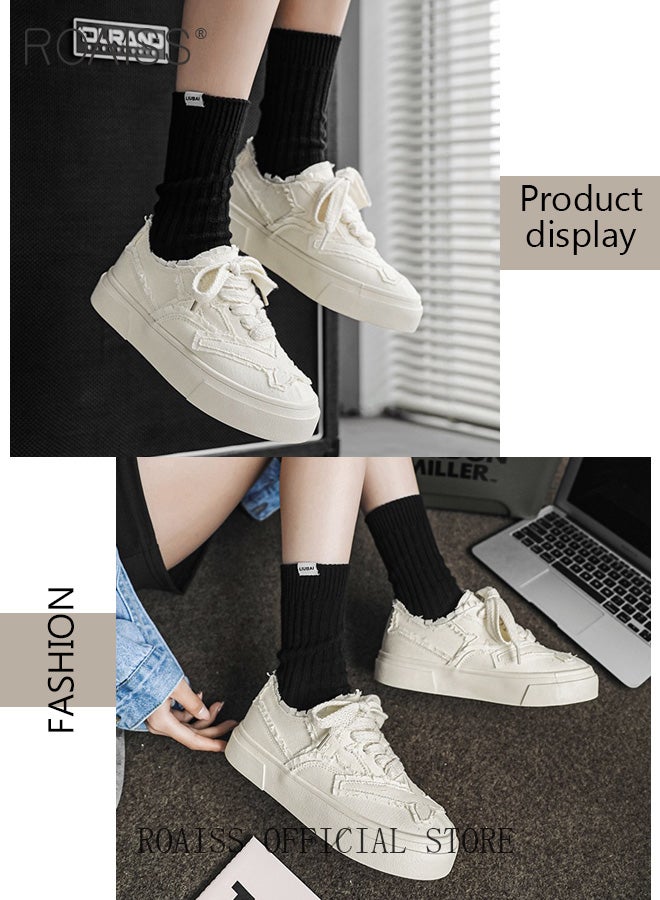 roaiss Platform Sole Canvas Shoes for Women Vintage and Versatile Lightweight and Breathable Sneakers Handmade Frayed Floral Print Casual Cloth Shoes Solid Color Design Athlesiure Shoes - Image 5