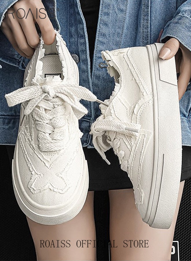 roaiss Platform Sole Canvas Shoes for Women Vintage and Versatile Lightweight and Breathable Sneakers Handmade Frayed Floral Print Casual Cloth Shoes Solid Color Design Athlesiure Shoes - Image 1