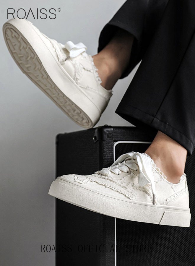 roaiss Platform Sole Canvas Shoes for Women Vintage and Versatile Lightweight and Breathable Sneakers Handmade Frayed Floral Print Casual Cloth Shoes Solid Color Design Athlesiure Shoes - Image 3