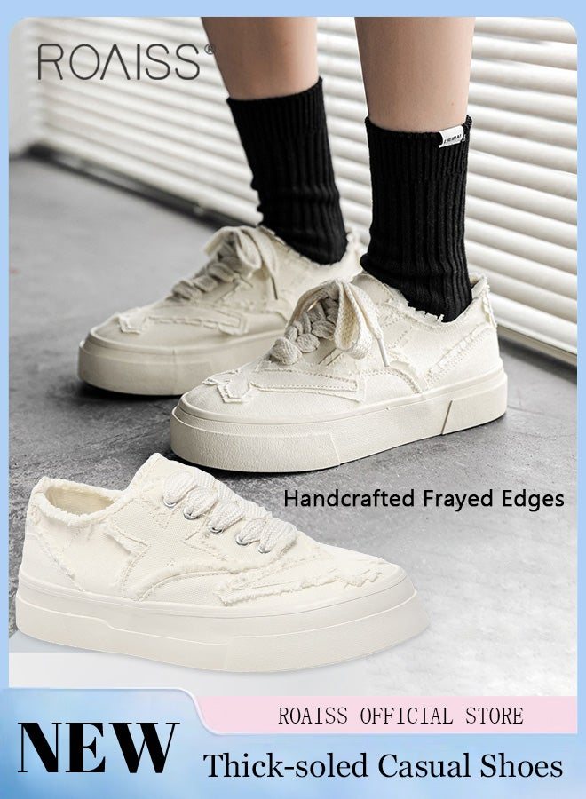 roaiss Platform Sole Canvas Shoes for Women Vintage and Versatile Lightweight and Breathable Sneakers Handmade Frayed Floral Print Casual Cloth Shoes Solid Color Design Athlesiure Shoes - Image 2