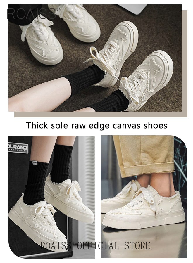 roaiss Platform Sole Canvas Shoes for Women Vintage and Versatile Lightweight and Breathable Sneakers Handmade Frayed Floral Print Casual Cloth Shoes Solid Color Design Athlesiure Shoes - Image 4