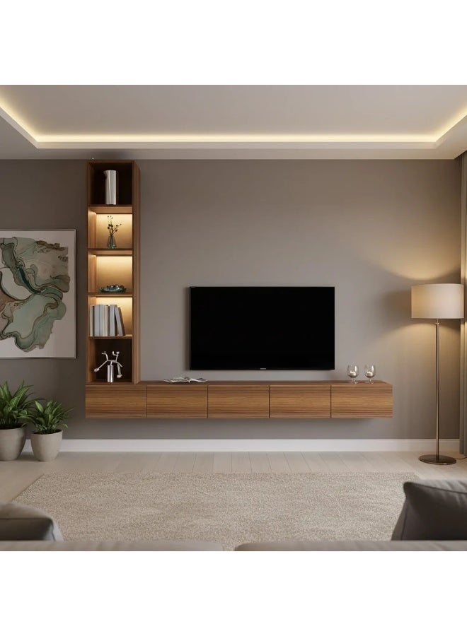 Stylish Home Brown wall-mounted TV stand with illuminated side shelves - TV81B - Image 1