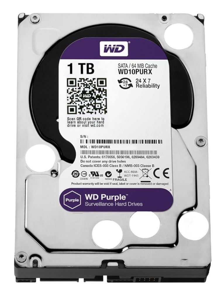 Western Digital WD Purple 1TB Surveillance Hard Drive – 3.5" SATA III, 64MB Cache, IntelliPower