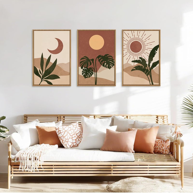 KAIRNE Mid Century Modern Wall Art Set of 3, Boho Sun and Moon Wall Decor, Bohemian Abstract Botanical Wall Painting, Modern Nature Art Prints for Living Room, Bedroom, Office - 16"x24" - Image 2