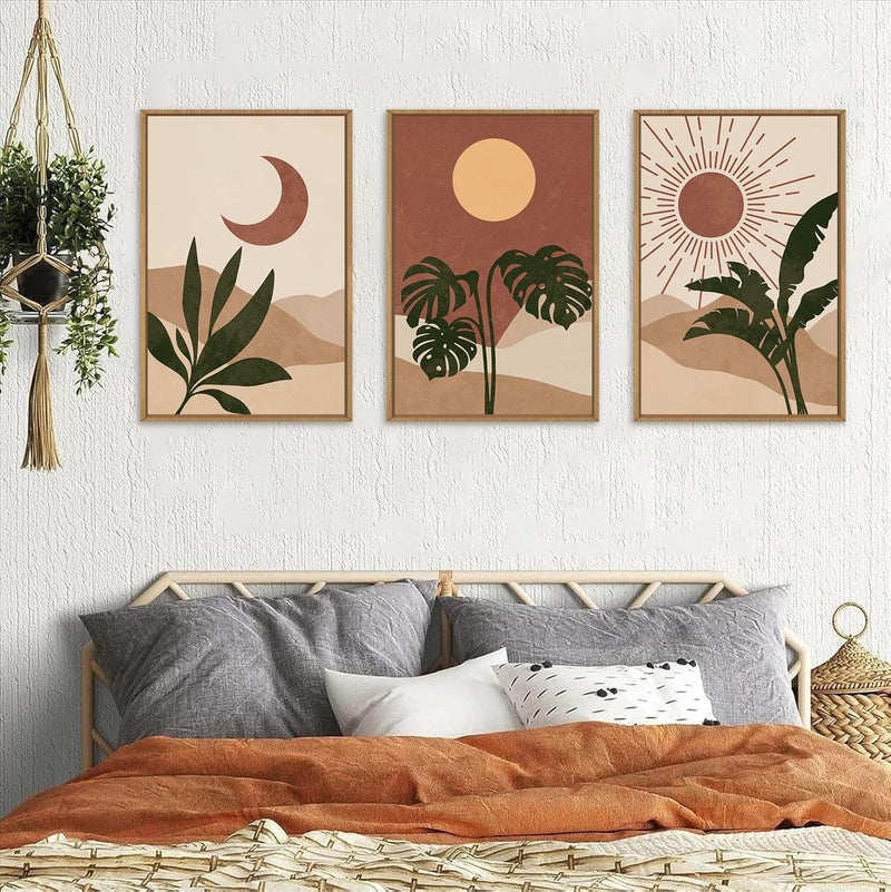 KAIRNE Mid Century Modern Wall Art Set of 3, Boho Sun and Moon Wall Decor, Bohemian Abstract Botanical Wall Painting, Modern Nature Art Prints for Living Room, Bedroom, Office - 16"x24" - Image 4