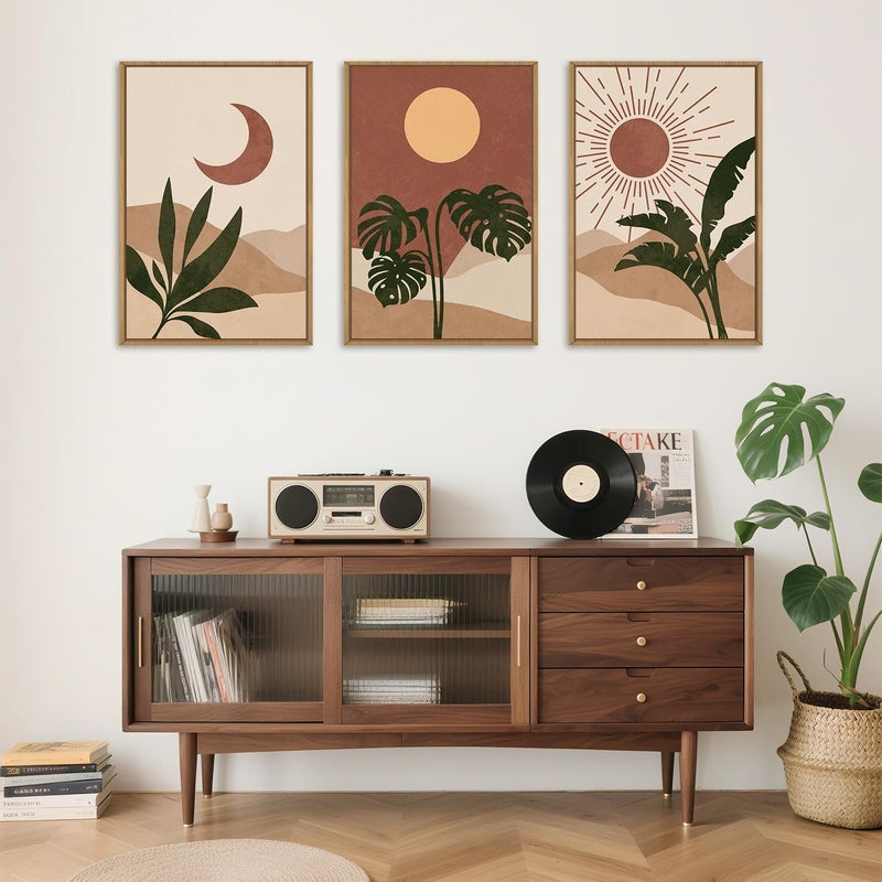 KAIRNE Mid Century Modern Wall Art Set of 3, Boho Sun and Moon Wall Decor, Bohemian Abstract Botanical Wall Painting, Modern Nature Art Prints for Living Room, Bedroom, Office - 16"x24" - Image 5