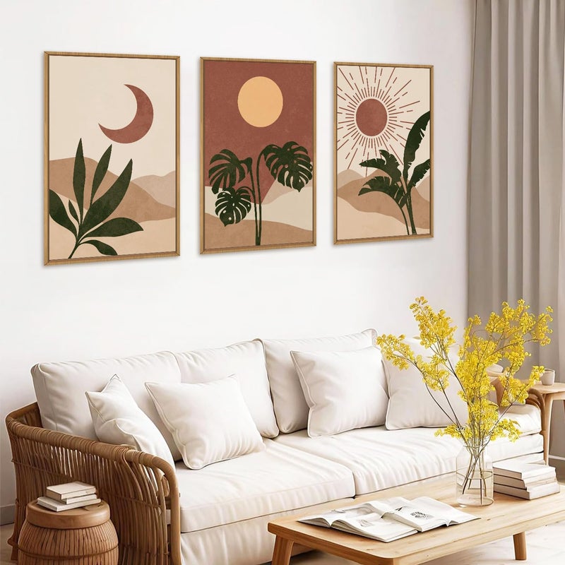 KAIRNE Mid Century Modern Wall Art Set of 3, Boho Sun and Moon Wall Decor, Bohemian Abstract Botanical Wall Painting, Modern Nature Art Prints for Living Room, Bedroom, Office - 16"x24" - Image 3