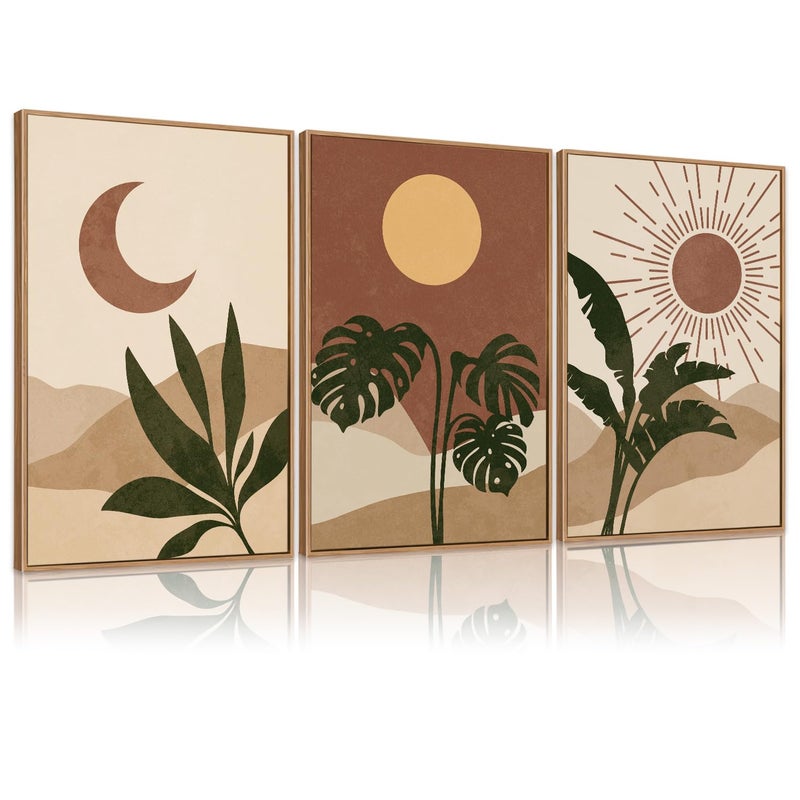 KAIRNE Mid Century Modern Wall Art Set of 3, Boho Sun and Moon Wall Decor, Bohemian Abstract Botanical Wall Painting, Modern Nature Art Prints for Living Room, Bedroom, Office - 16"x24" - Image 1