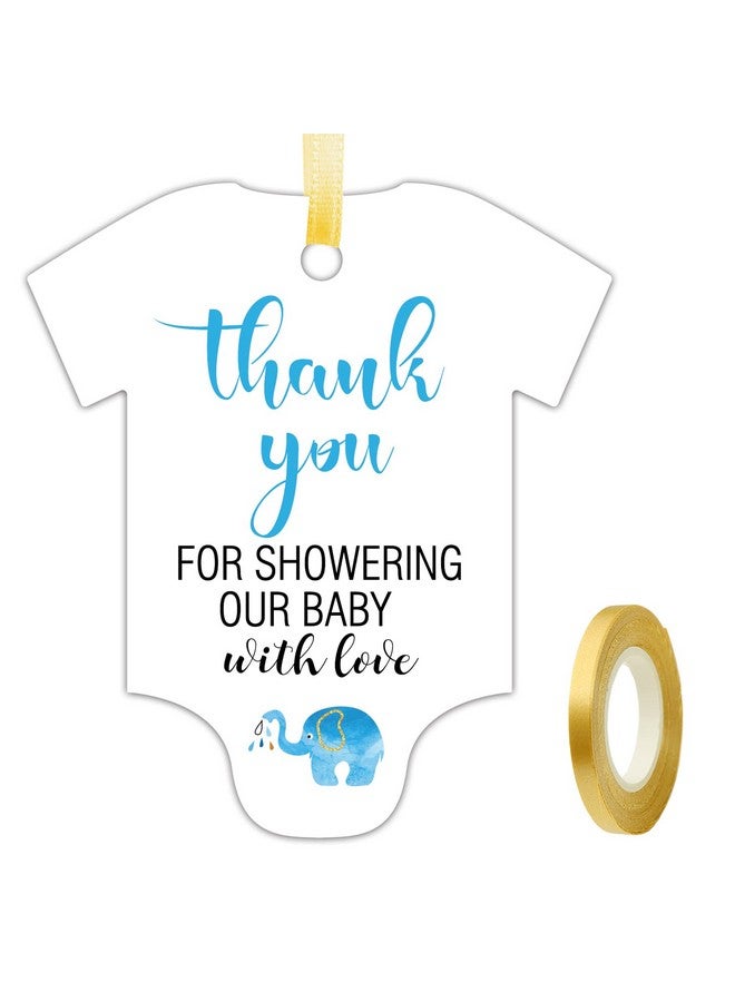 EKSPLODI 50 Pcs Thank You For Showering Our Baby With Love, Cute Blue Elephant Thank You Tags, Baby Onesie Shaped Gift Tags, Baby Shower Favor Tags, Baby Shower Birthday Party Favor Decorations. - Image 1