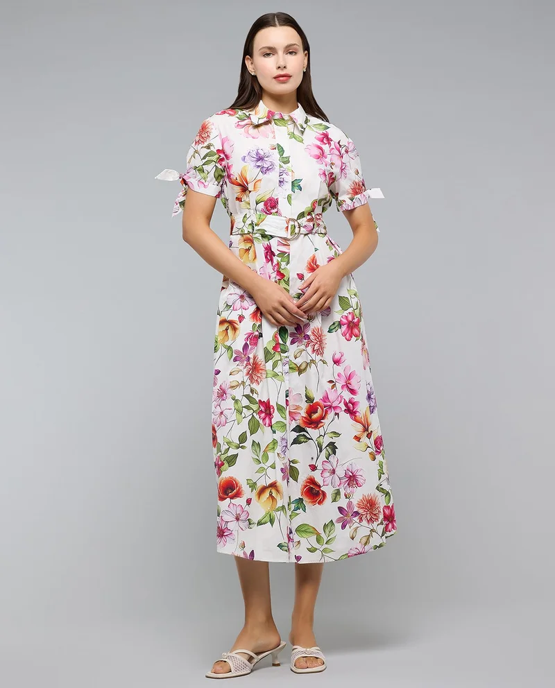 أر أند بي Floral Printed Shirt Dress with Classic Collar and Short Sleeves