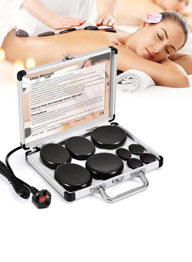 مجموعة سخان تدليك بالاحجار الساخنة 9 قطع من، مجموعة تدليك احجار ساخنة محمولة مع مدفأة، احجار تدليك بازلت للصخور الساخنة للمنزل والمنتجعات الصحية والعلاج بالدفء والاسترخاء، أسود - Image 1