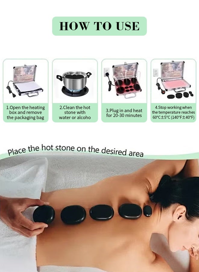 مجموعة سخان تدليك بالاحجار الساخنة 9 قطع من، مجموعة تدليك احجار ساخنة محمولة مع مدفأة، احجار تدليك بازلت للصخور الساخنة للمنزل والمنتجعات الصحية والعلاج بالدفء والاسترخاء، أسود - Image 3