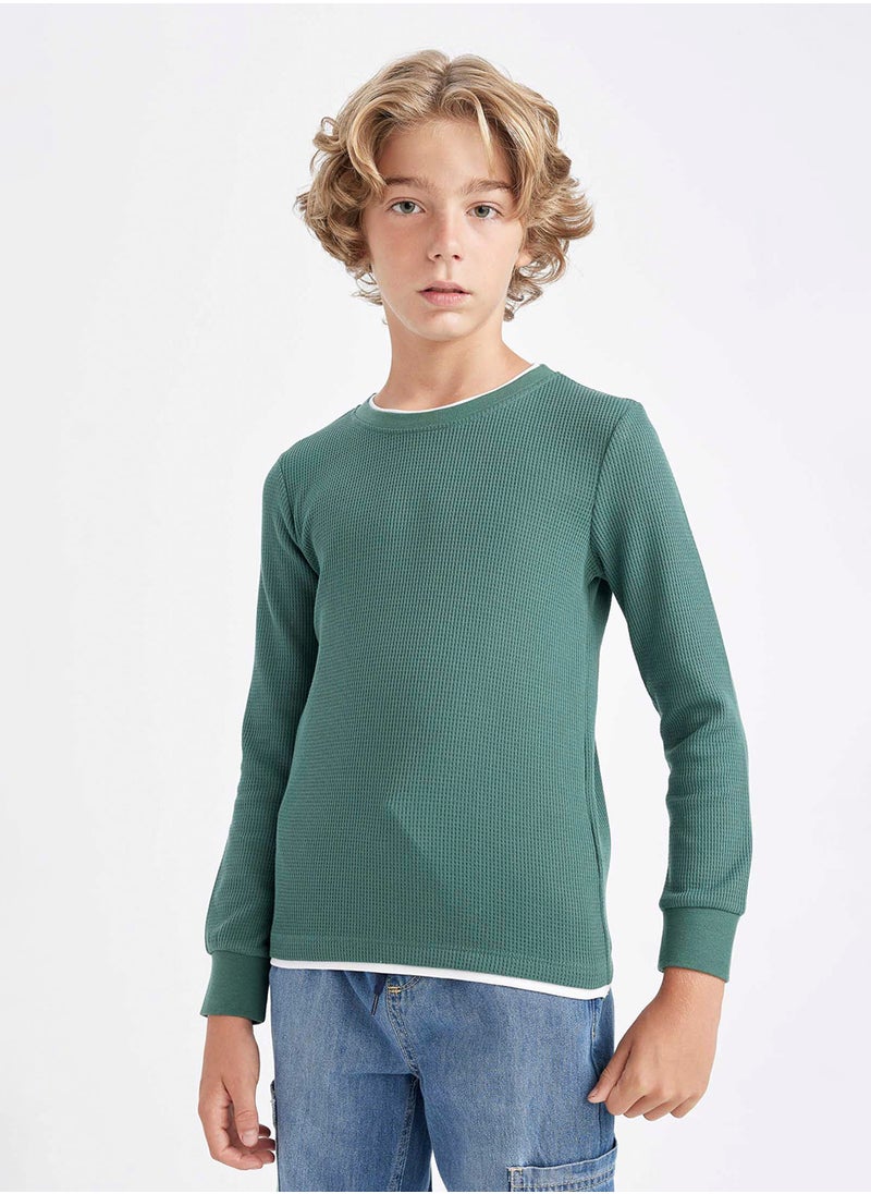 DeFacto Crew Neck Basic Waffle Long Sleeve T-Shirt  - Image 1