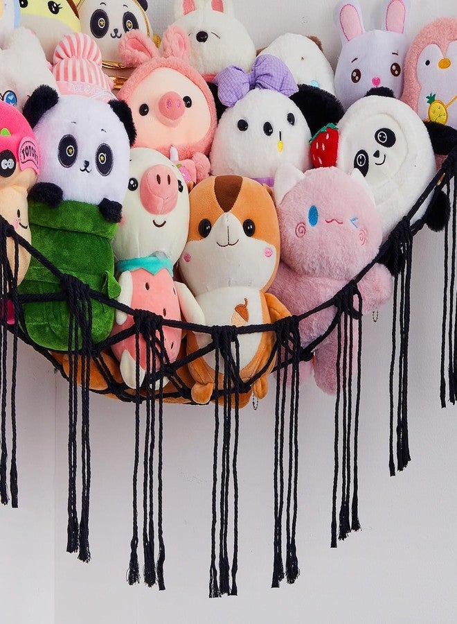Macrame Kn0ts Stuffed Animal Hammock Net Toy Storage Organizer with Fairy Lights, Stuffed Animal Storage Toy Holder Boho Wall Hanging Décor for Nursery Kids Play Room Bedroom (Black) - Image 3