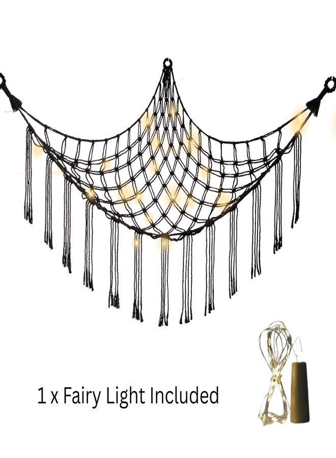 Macrame Kn0ts Stuffed Animal Hammock Net Toy Storage Organizer with Fairy Lights, Stuffed Animal Storage Toy Holder Boho Wall Hanging Décor for Nursery Kids Play Room Bedroom (Black) - Image 4