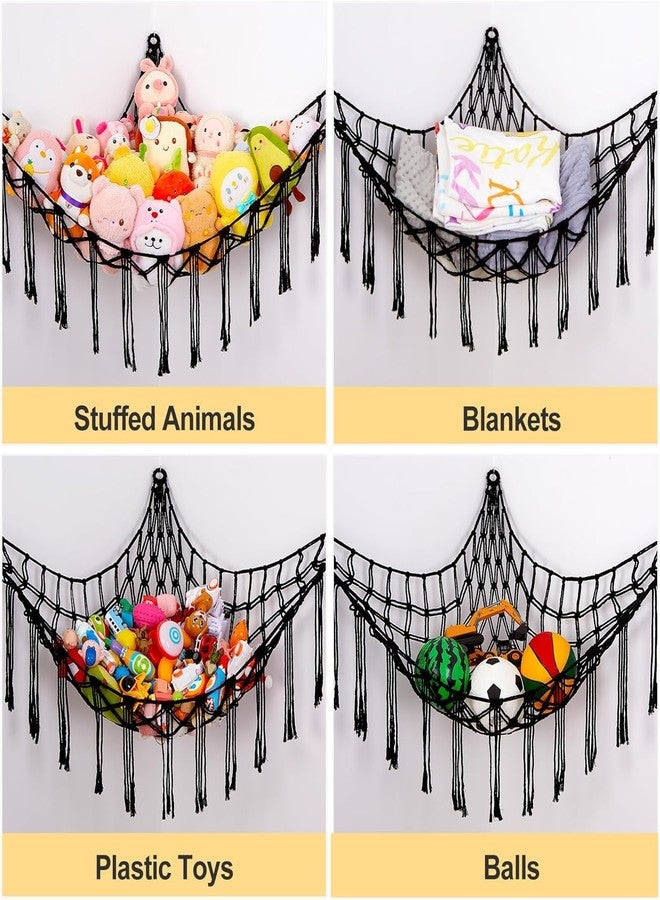 Macrame Kn0ts Stuffed Animal Hammock Net Toy Storage Organizer with Fairy Lights, Stuffed Animal Storage Toy Holder Boho Wall Hanging Décor for Nursery Kids Play Room Bedroom (Black) - Image 5