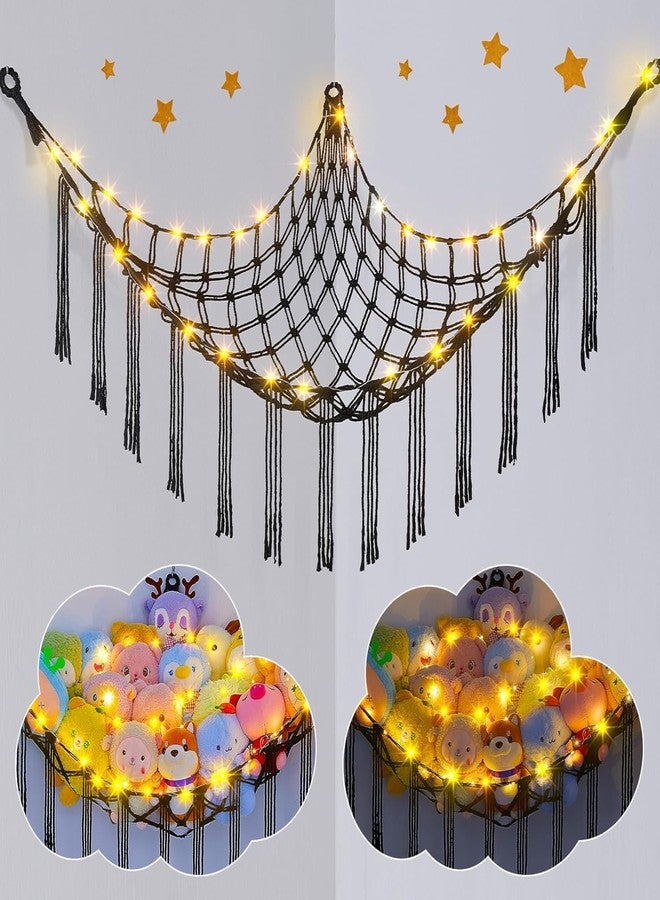 Macrame Kn0ts Stuffed Animal Hammock Net Toy Storage Organizer with Fairy Lights, Stuffed Animal Storage Toy Holder Boho Wall Hanging Décor for Nursery Kids Play Room Bedroom (Black) - Image 1