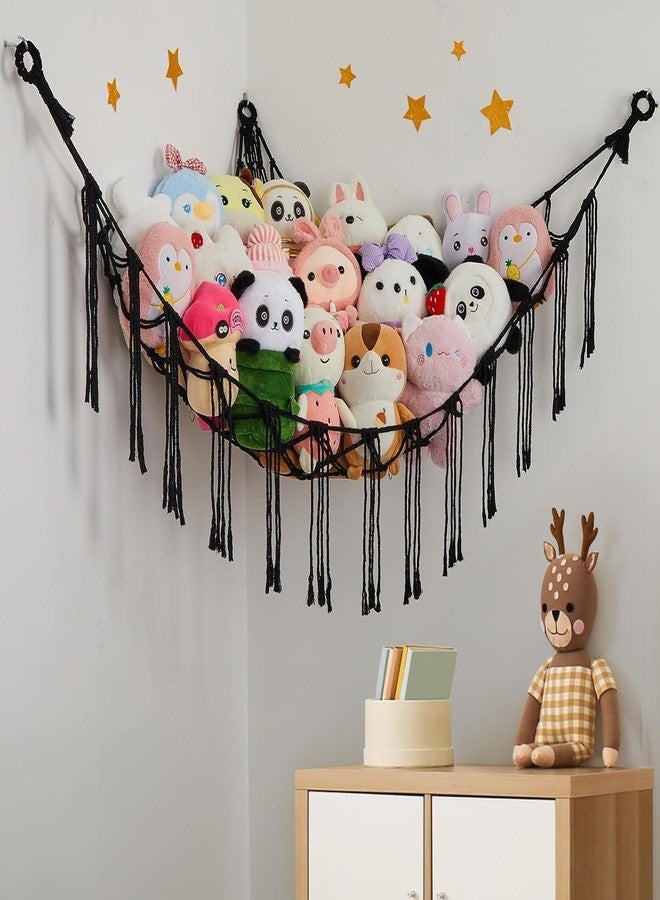 Macrame Kn0ts Stuffed Animal Hammock Net Toy Storage Organizer with Fairy Lights, Stuffed Animal Storage Toy Holder Boho Wall Hanging Décor for Nursery Kids Play Room Bedroom (Black) - Image 2