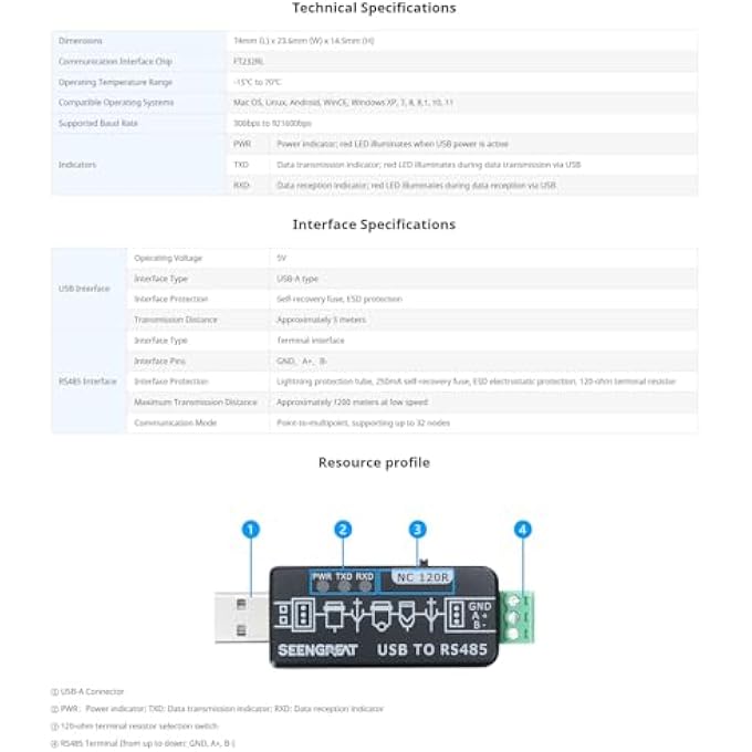 rayihni محول USB إلى RS485 محول صناعي ثنائي الاتجاه RS485 إلى USB أصلي FT232RL و SP485EEN اتصال سريع مع دوائر حماية حماية ESD - Image 3