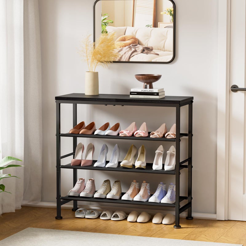 Mavivegue Shoe Rack Organizer, 4-Tier Metal Shoe Storage with Non-Woven Fabrics Shelves and Wooden Top Board, Shoe Rack for Entryway Bedroom Living Room Garage, Black - Image 2