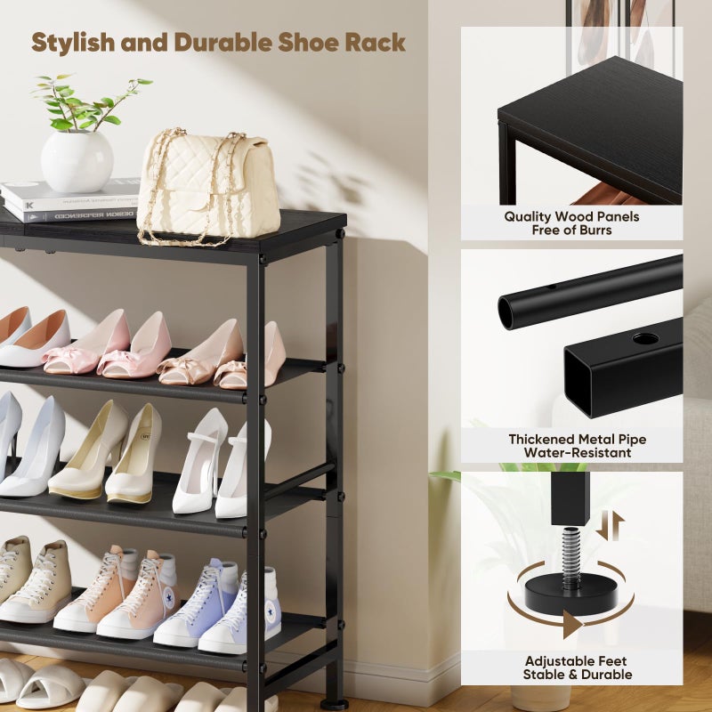 Mavivegue Shoe Rack Organizer, 4-Tier Metal Shoe Storage with Non-Woven Fabrics Shelves and Wooden Top Board, Shoe Rack for Entryway Bedroom Living Room Garage, Black - Image 4