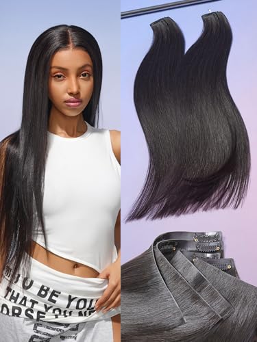 LUVME 0.82mm Invisible Clip in Hair Extensions Silky Straight, 20 Inch 2 Pack 220g 14 Pcs, 100% Real Human Hair Clip Ins, Natural Black, Even Coverage for Natural Silky Style All Day - Image 1