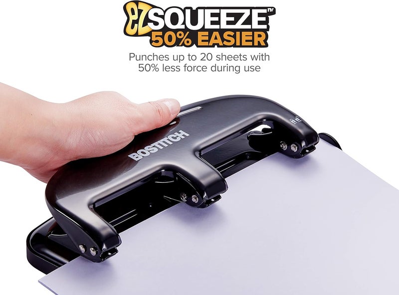 Bostitch Office EZ Squeeze 20 Sheet Standard 3 Hole Punch, Metal Construction, Silver/Black (HP20) - Image 2