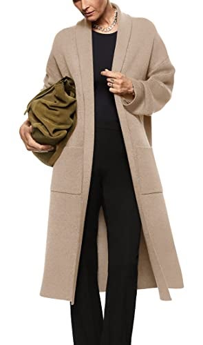 Fazortev Womens Long Sleeve Maxi Cardigan Open Front Oversized Knitted Sweater Coat Casual Lapel Warm Overcoat with Pockets Beige - Image 1