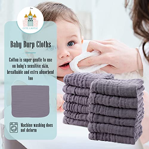 Cute Castle 12 Pack Muslin Burp Cloths for Baby - Ultra-Soft 100% Cotton Baby Washcloths - Large 20'' by 10'' Super Absorbent Milk Spit Up Rags - Burpy Cloths for Unisex, Boy, Girl - Grey - Image 3